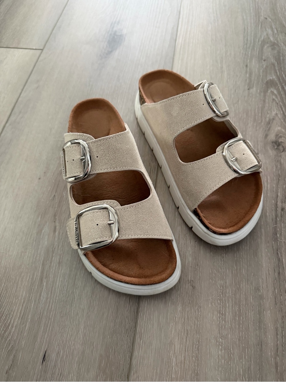 Beige Double-Buckle Slide Sandals size 37/6.5